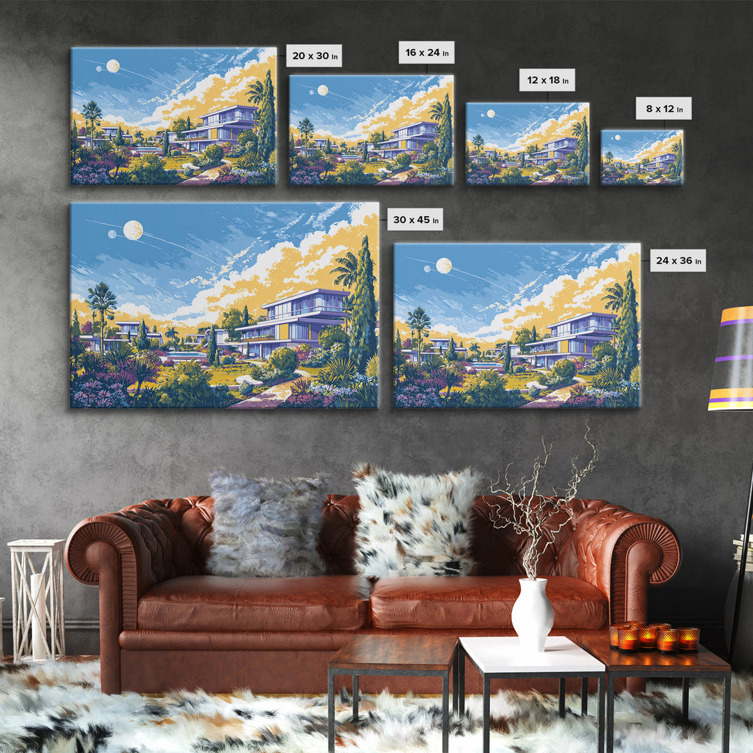 Modernist Garden Homes And Celestial Sky Canvas Print, Mid Century Modern Wall Art, Architectural Landscape Home Decor Poster