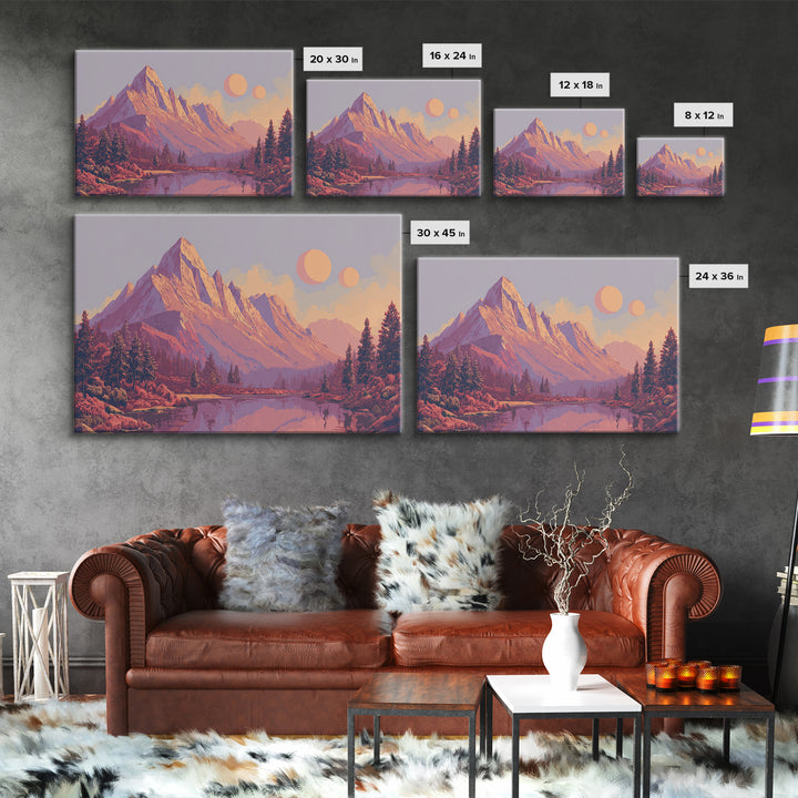 Pink Purple Alpine Lake Wall Art, Midcentury Modern Landscape Print, Retro Mountain Decor, Pastel Scenic Home Poster Gift