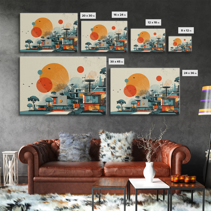 Orange Sun Modernist House And Birds Wall Art, Mid Century Modern Canvas Print, Atomic Desert Architecture Decor Poster Print