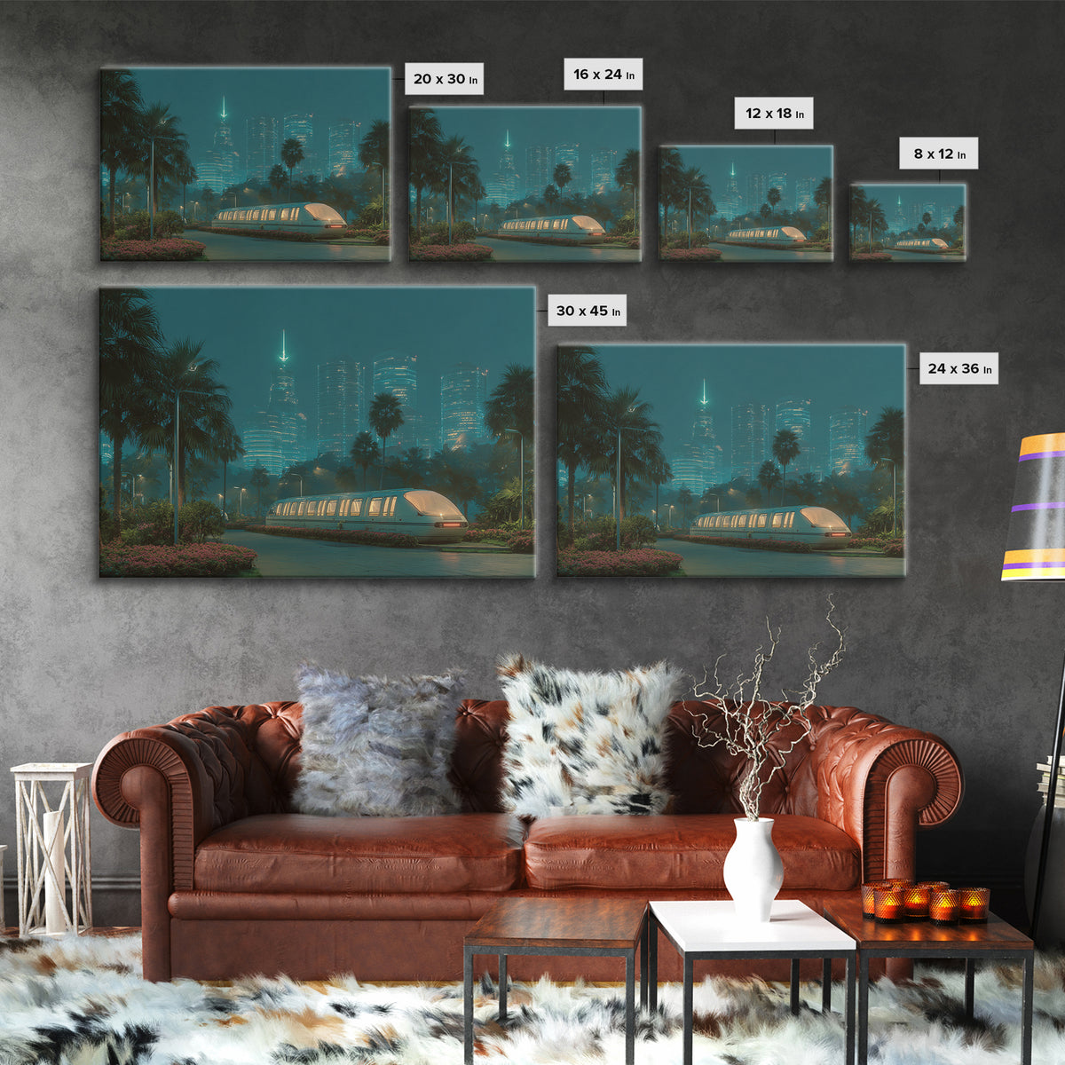 Neon Palm Monorail Futuristic Night City Wall Art, Retro Sci Fi Skyline, Teal Urban Decor, Modern Digital Art Print, For Living Room