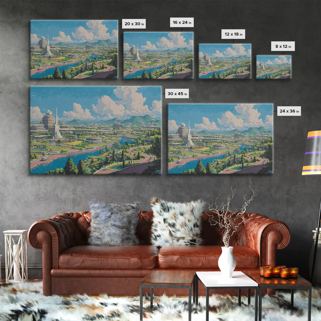 Sunny Retro Future Garden City Canvas Print, Utopian River Skyline, Mountain Landscape, Midcentury Modern Wall Decor Print