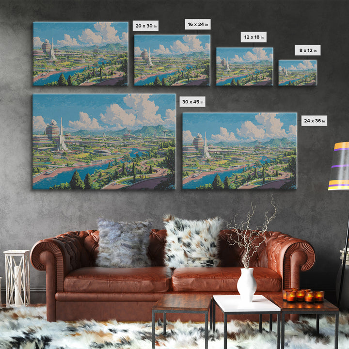 Sunny Retro Future Garden City Canvas Print, Utopian River Skyline, Mountain Landscape, Midcentury Modern Wall Decor Print