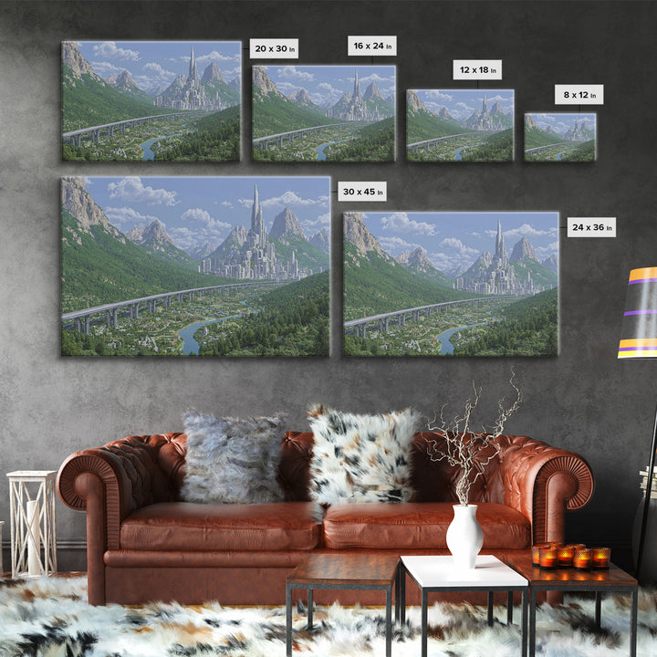 Silver Alpine Megacity And Elevated Rail Wall Art, Futuristic Mountain Landscape, Modern Sci Fi Cityscape Home Decor Print