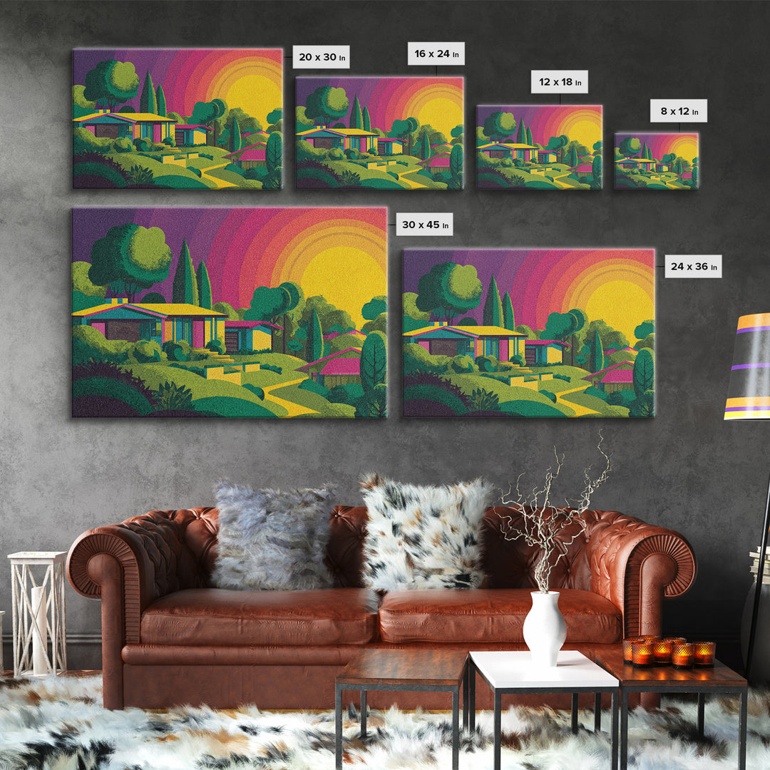 Colorful Midcentury Hillside Home Sunset Wall Art, Retro Palm Springs Decor, MCM Architecture Print, Groovy 70s Art Poster