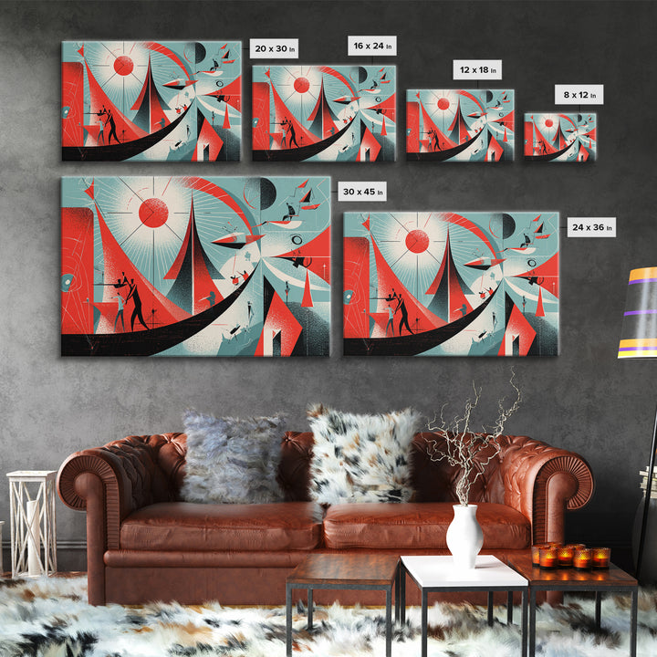 Red Atomic Sailboats And Cosmic Figures Canvas Print, Midcentury Abstract Wall Art, Bauhaus Geometric Retro Poster Decor