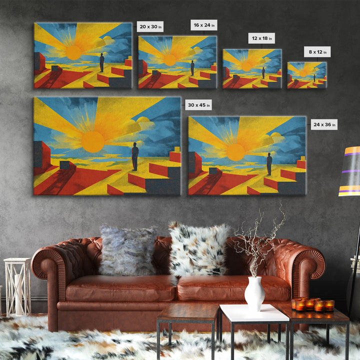 Golden Sun And Lone Figure Geometric Desert Wall Art, Midcentury Modern Abstract Print, Bold Yellow Orange Decor For Living Room