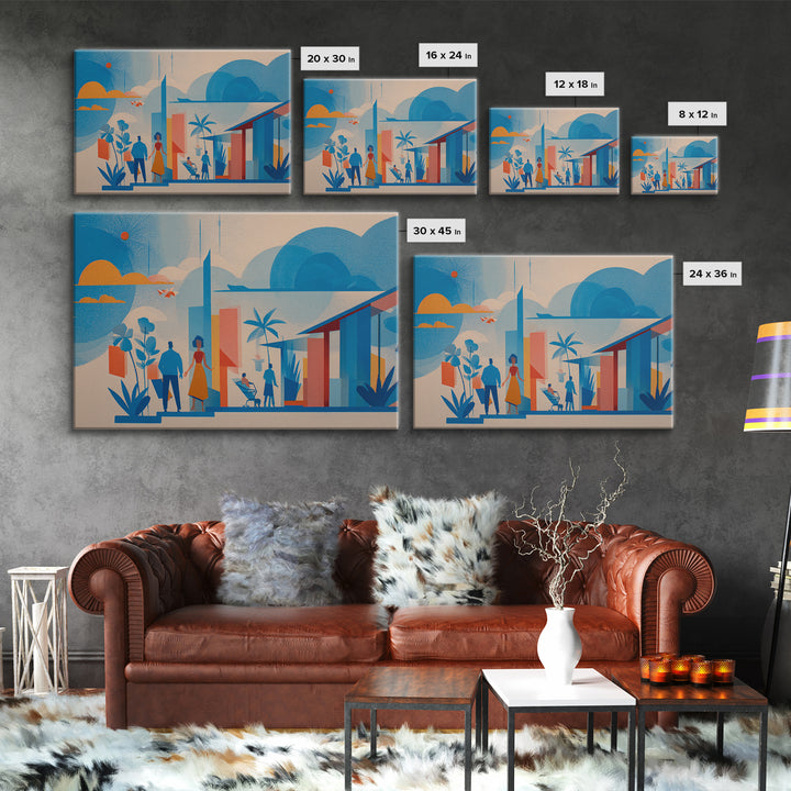 Pastel Family At Modernist Home Framed Canvas Print, Midcentury Wall Art, Scandinavian Blue Decor, Nursery Room Art Poster