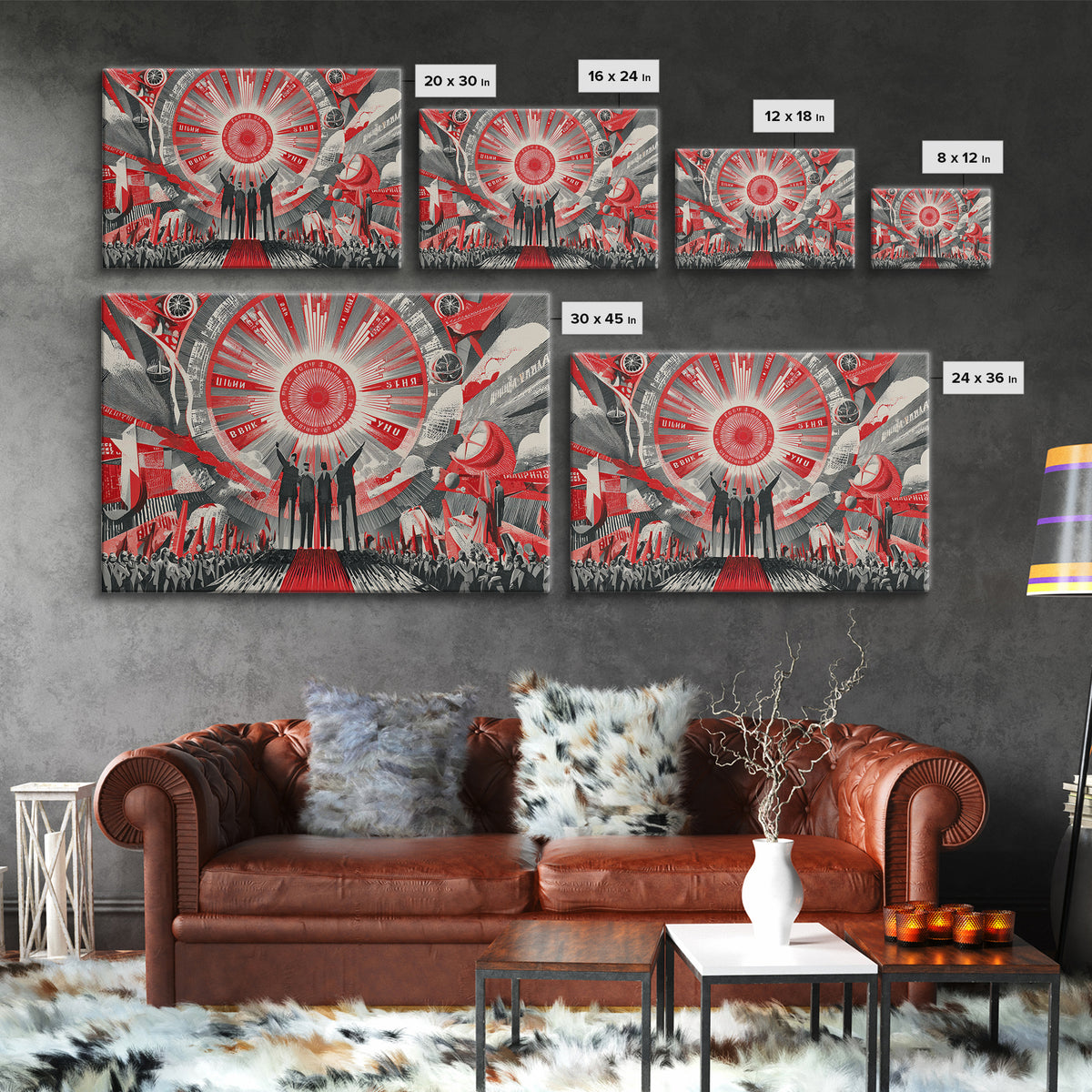 Red Futurist Rally With Rockets And Crowd Wall Art, Soviet Style Space Poster, Retro Sci Fi Propaganda Canvas Print Decor