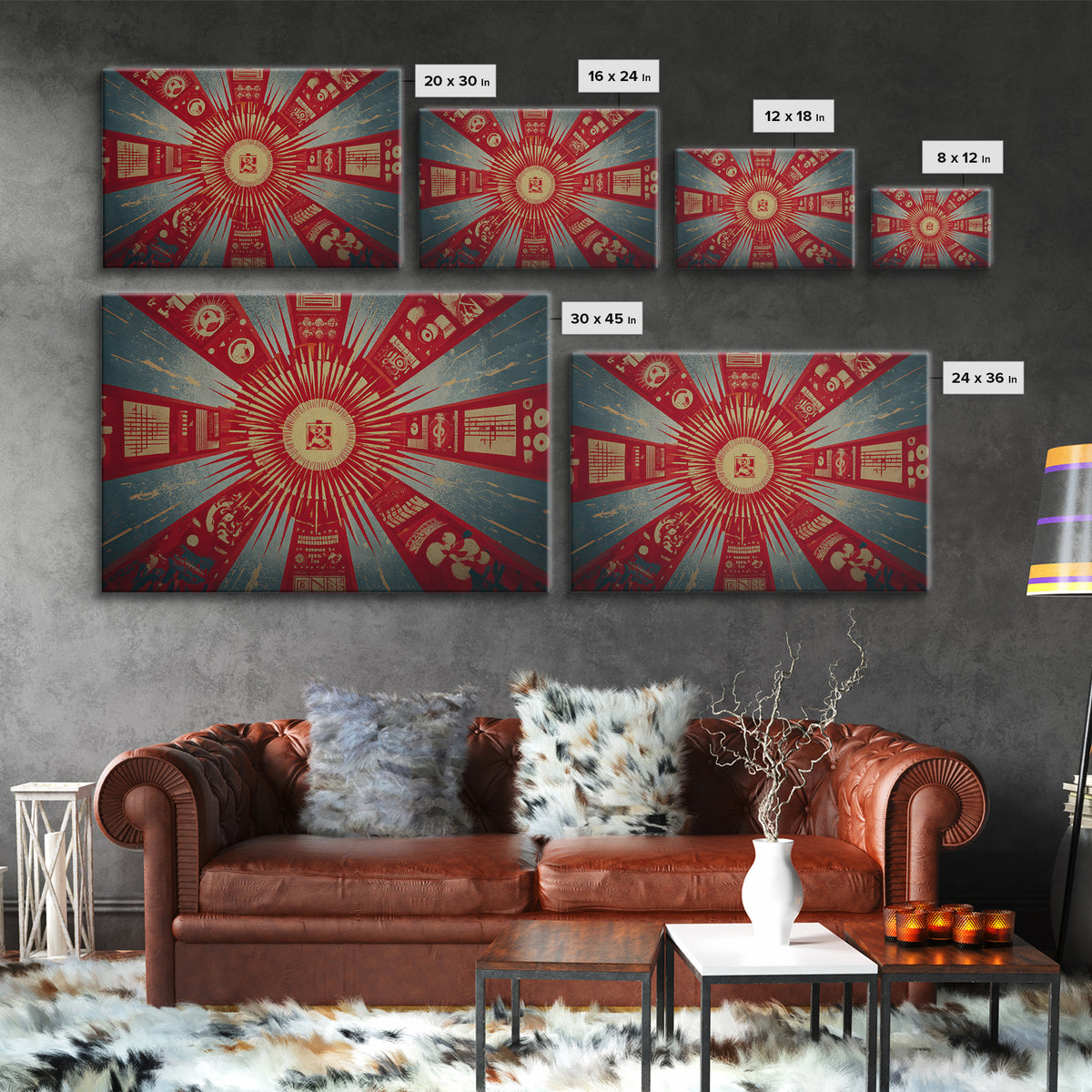 Radial Soviet Science Panels And Red Star Wall Art, Retro Futurist Propaganda Poster, Modern Geometric Canvas Print Decor