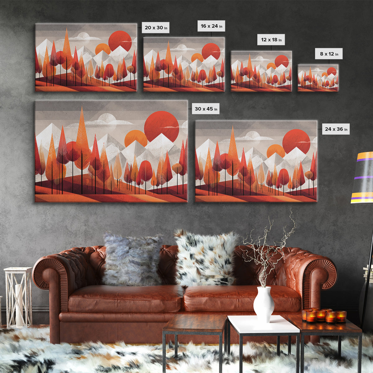 Orange Geometric Forest Mountains Canvas Print, Midcentury Modern Wall Art, Retro Landscape Decor, Bold MCM Home Decor Poster