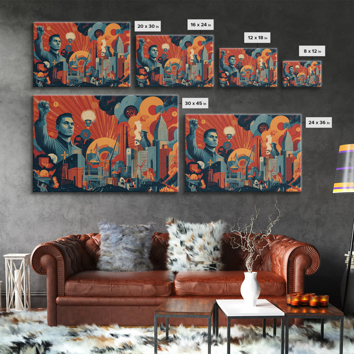 Heroic Retro Futurist Industrial City Wall Art, Midcentury Modern Poster, Bold Orange Teal Sci Fi Canvas Print Office Decor