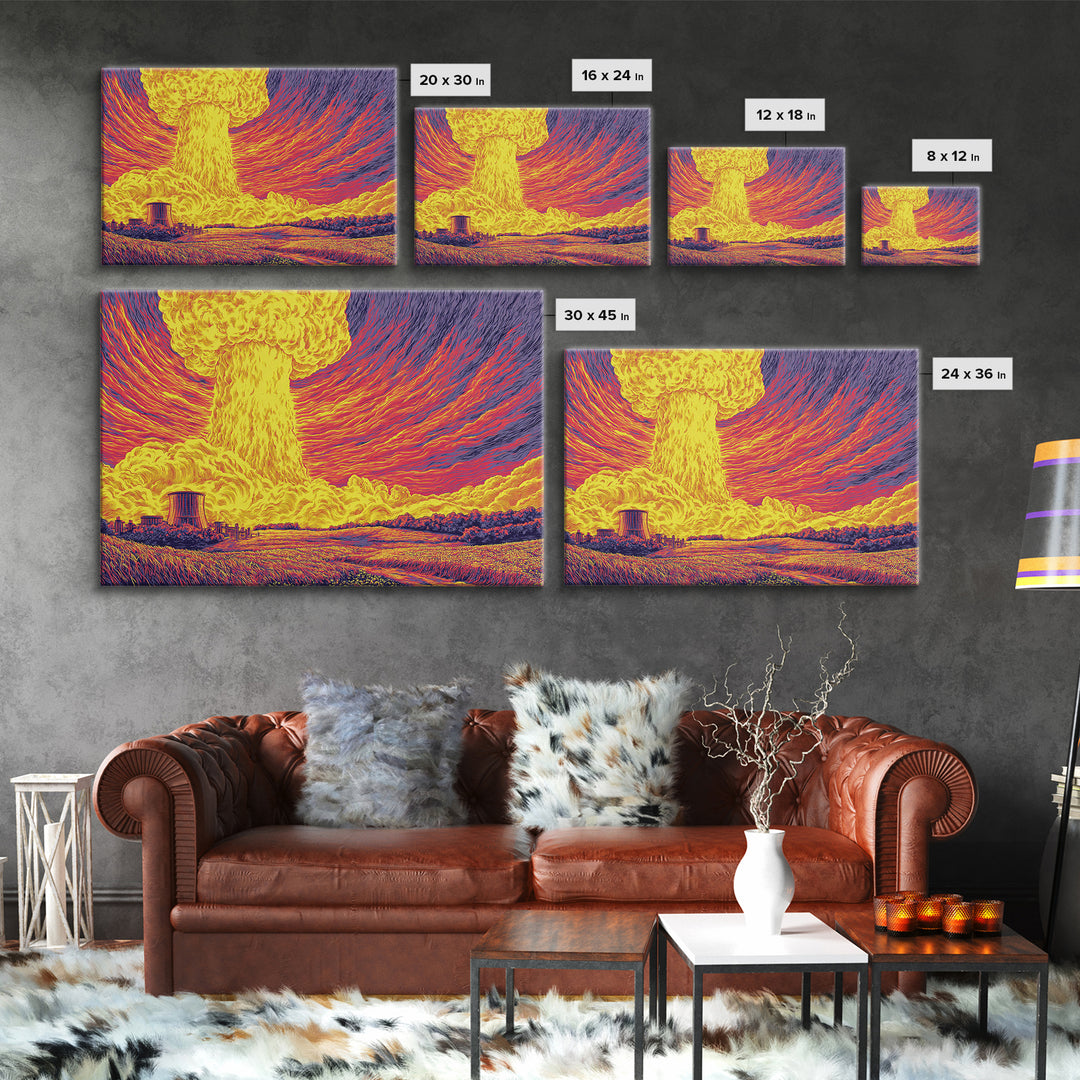 Fiery Atomic Mushroom Cloud Canvas Print, Nuclear Landscape Poster, Retro Sci Fi Wall Decor, Midcentury Modern Art Print
