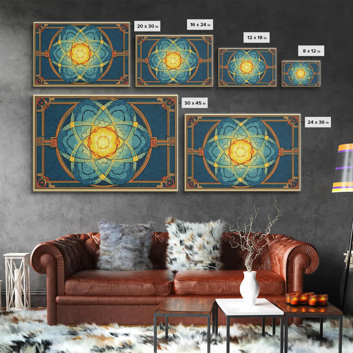 Ornate Atomic Explosion Framed Canvas Print, Art Deco Science Poster, Geometric Wall Art Decor, Midcentury Modern Print Gift
