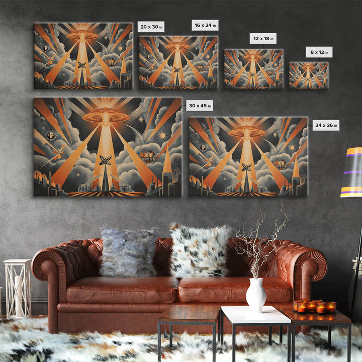 UFO Beam Over City Canvas Print, Retro Sci Fi Poster, Atomic Space Wall Art, Midcentury Modern MCM Decor, Orange Rays Print