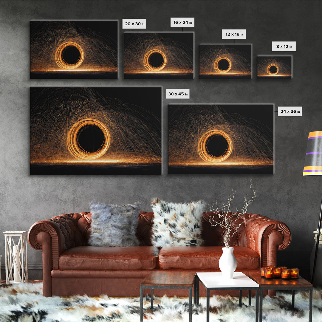 Orange Black Hole Light Trails Wall Art, Modern Abstract Art Print, Cosmic Retro Decor, Home Office Art, Framed Canvas Print