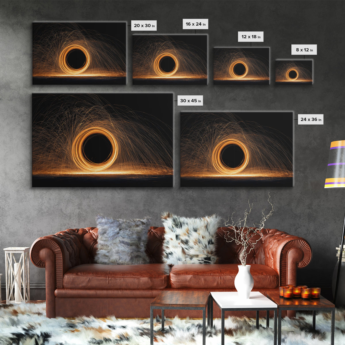 Orange Black Hole Light Trails Wall Art, Modern Abstract Art Print, Cosmic Retro Decor, Home Office Art, Framed Canvas Print