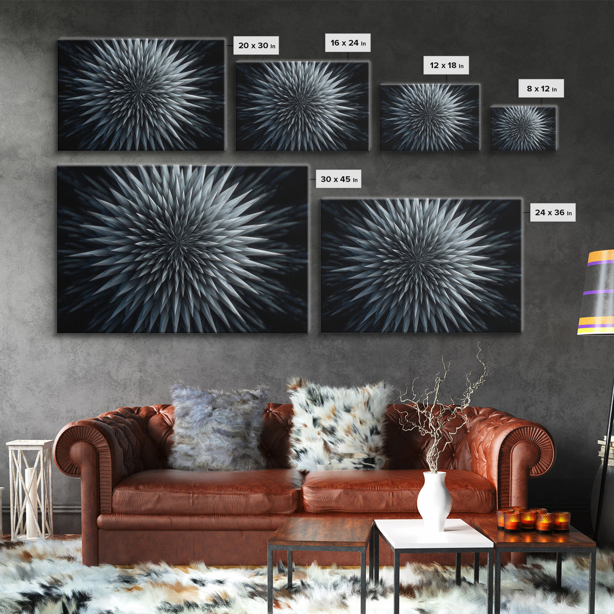 Metallic Crystal Starburst Framed Canvas Print, Modern Abstract Art, Geometric Wall Decor, Black Blue Statement Art Poster