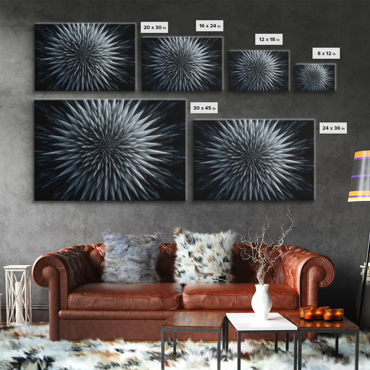 Metallic Crystal Starburst Framed Canvas Print, Modern Abstract Art, Geometric Wall Decor, Black Blue Statement Art Poster