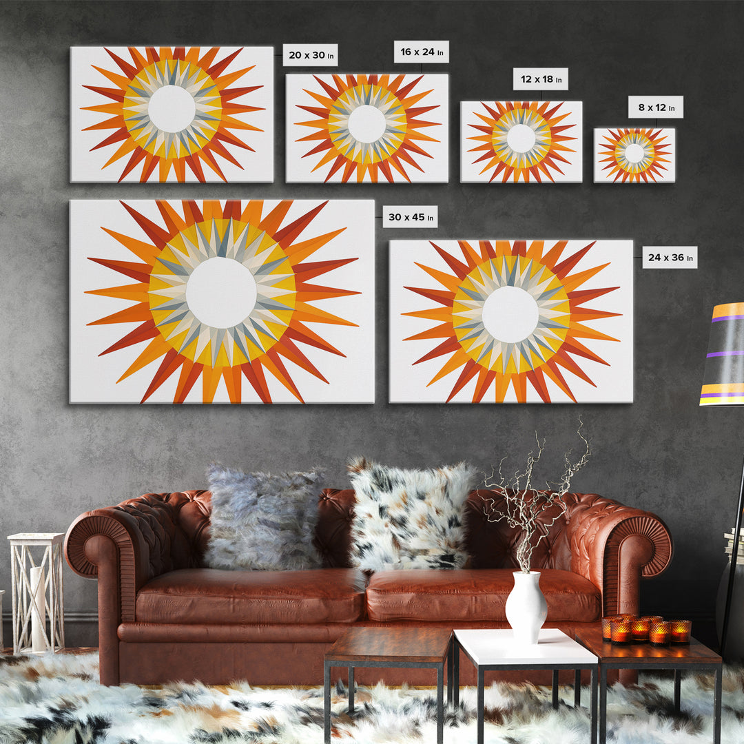 Orange Geometric Sunburst Wall Art, Midcentury Modern Art Print, Atomic Circle Poster, Yellow Retro Decor For Living Room