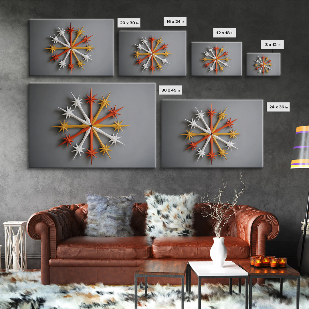 Atomic Star Wall Sculpture Wall Art, Midcentury Modern Home Decor Print, Retro 50s Space Age Poster, Orange Yellow Gray MCM