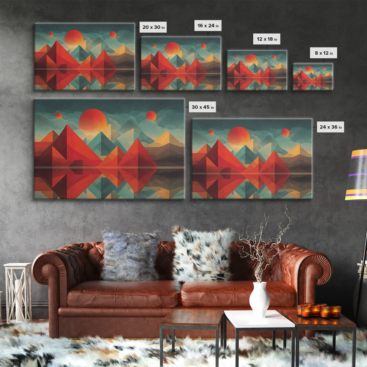 Geometric Red Pyramid Mountains Reflection Wall Art, Midcentury Modern Abstract Landscape, Retro MCM Decor, Canvas Print