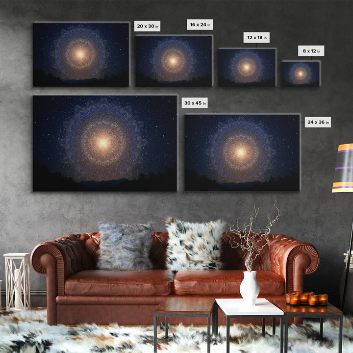 Starry Night Cosmic Mandala Canvas Print, Modern Abstract Wall Art, Galaxy Poster, Blue Space Decor For Bedroom Home Office