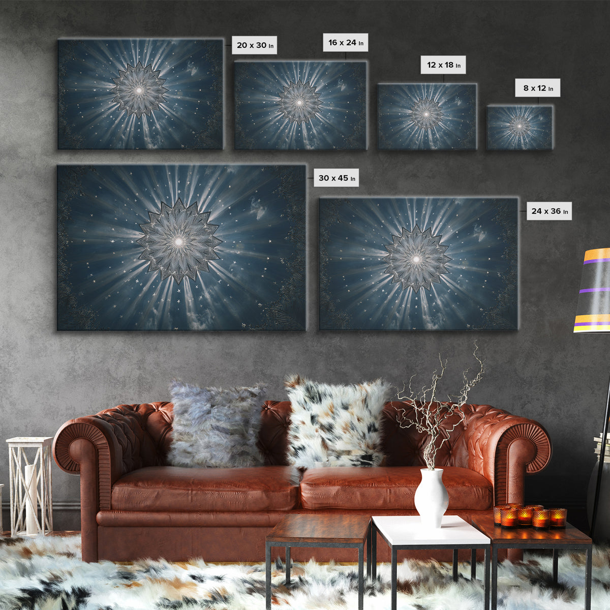 Radiant Blue Celestial Mandala Starburst Wall Art, Midcentury Modern Art Print, Atomic Retro Home Decor, Framed Canvas Print
