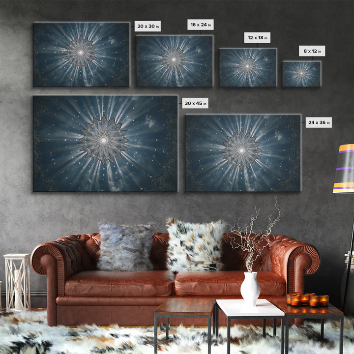 Radiant Blue Celestial Mandala Starburst Wall Art, Midcentury Modern Art Print, Atomic Retro Home Decor, Framed Canvas Print