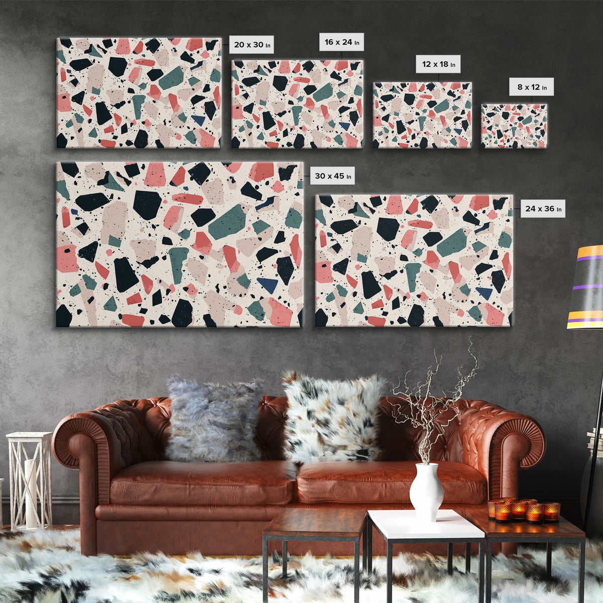 Coral Teal Terrazzo Abstract Wall Art, Midcentury Modern Art Print, Retro Geometric Pattern Home Decor, Framed Canvas Print
