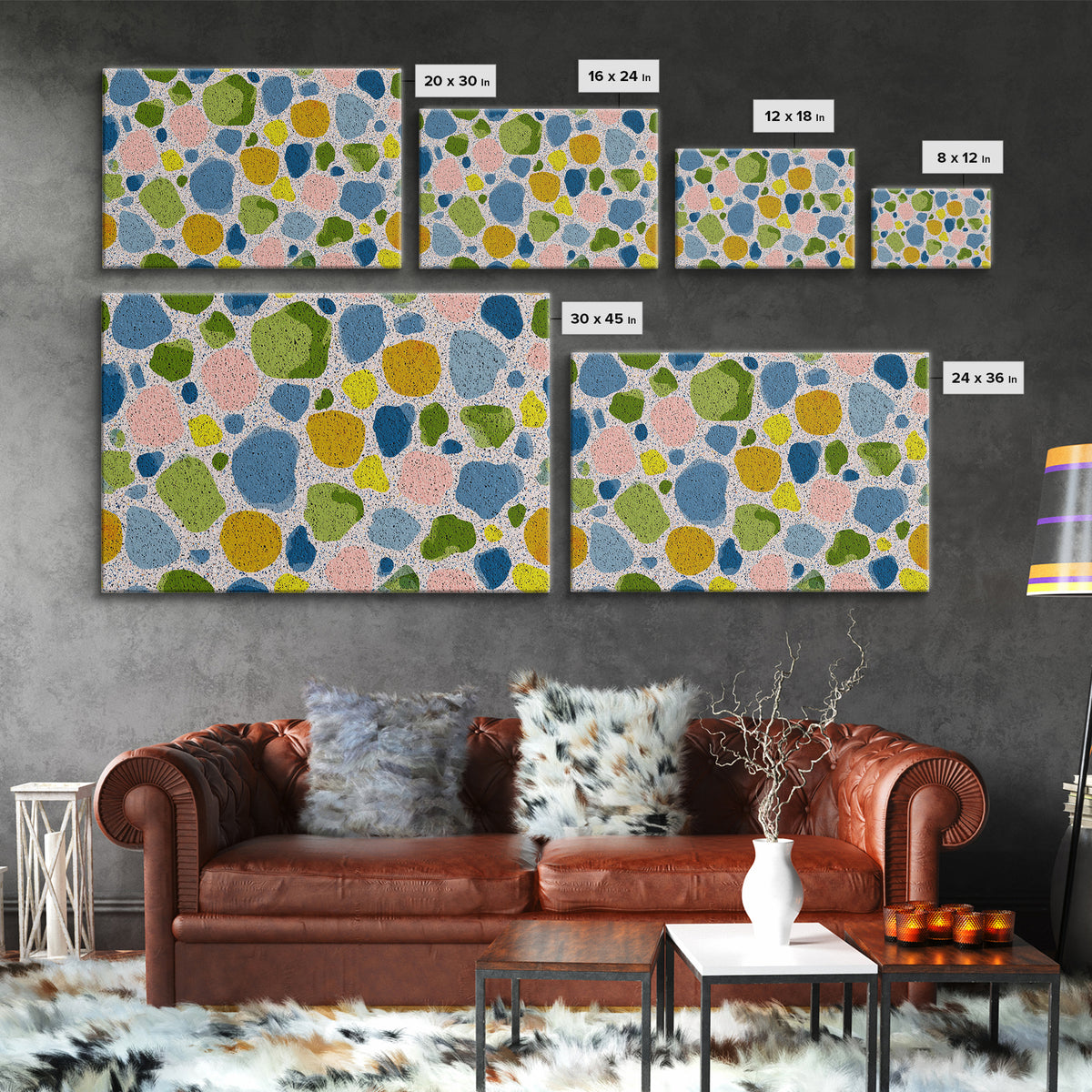Pastel Pebble Terrazzo Abstract Wall Art, Midcentury Modern Art Print, MCM Colorful Geometric Decor, Framed Canvas Print