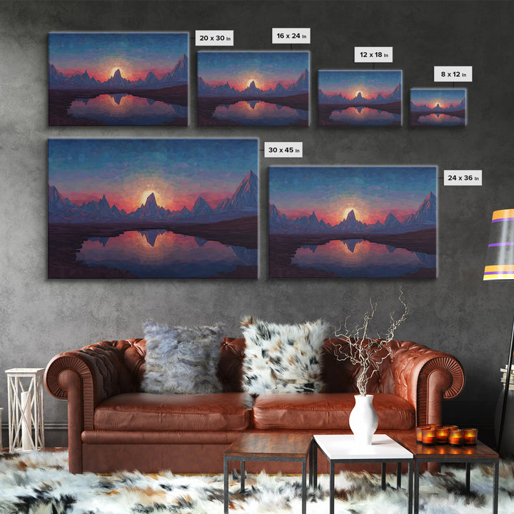 Low Poly Alpine Mountain Sunset Wall Art, Blue Lake Reflection Landscape, Modern Geometric Print, Scenic Home Office Decor
