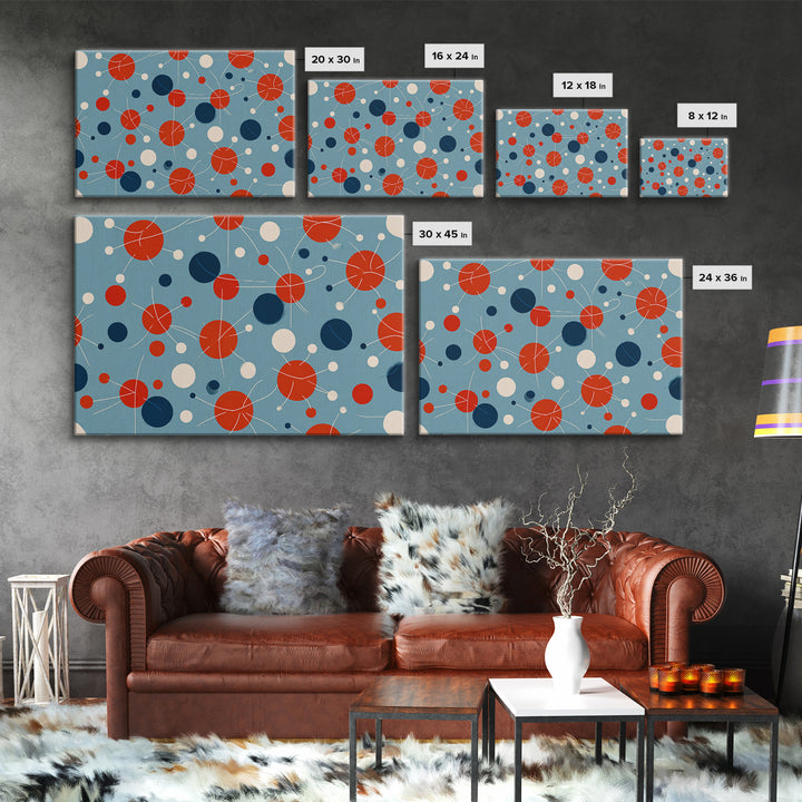 Blue Red Atomic Circles Wall Art, Midcentury Modern Art Print, Retro Space Age Pattern, MCM Living Room Canvas Print Decor