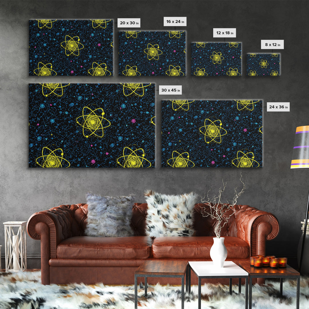 Yellow Atom Starfield Pattern Wall Art, Mid Century Modern Decor, Retro Space Poster, Atomic Art Print, Cosmic Sci Fi Wall Decor