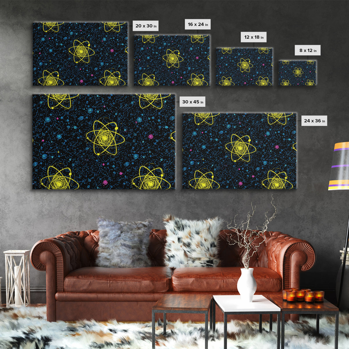 Yellow Atom Starfield Pattern Wall Art, Mid Century Modern Decor, Retro Space Poster, Atomic Art Print, Cosmic Sci Fi Wall Decor