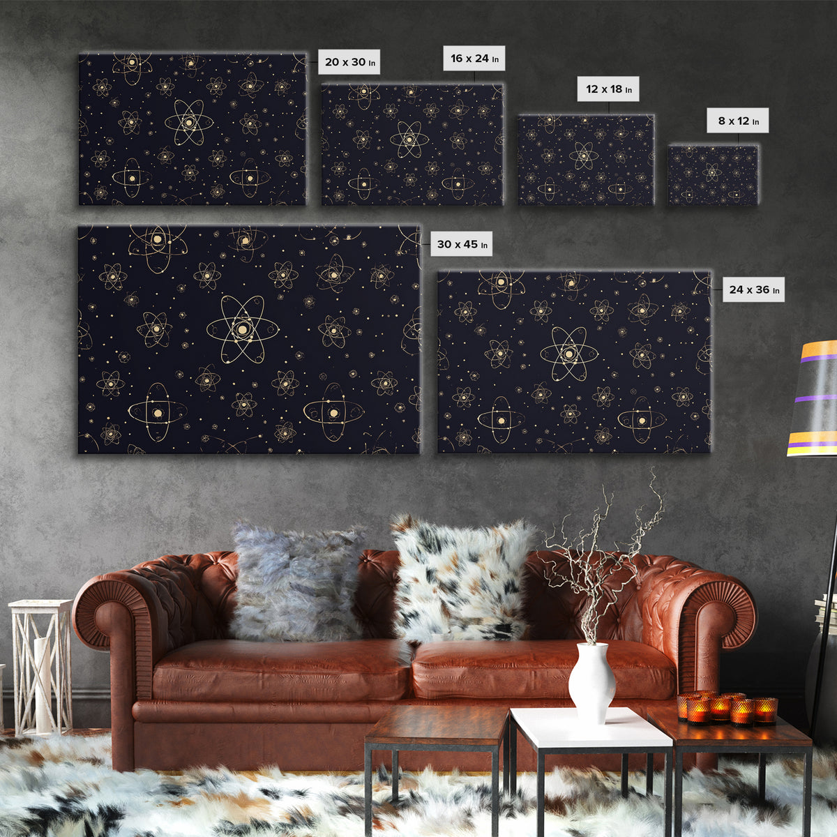 Gold Atomic Constellation Pattern Wall Art, Mid Century Modern Decor, Navy Space Poster, Retro Science Print, Geometric Wall Decor