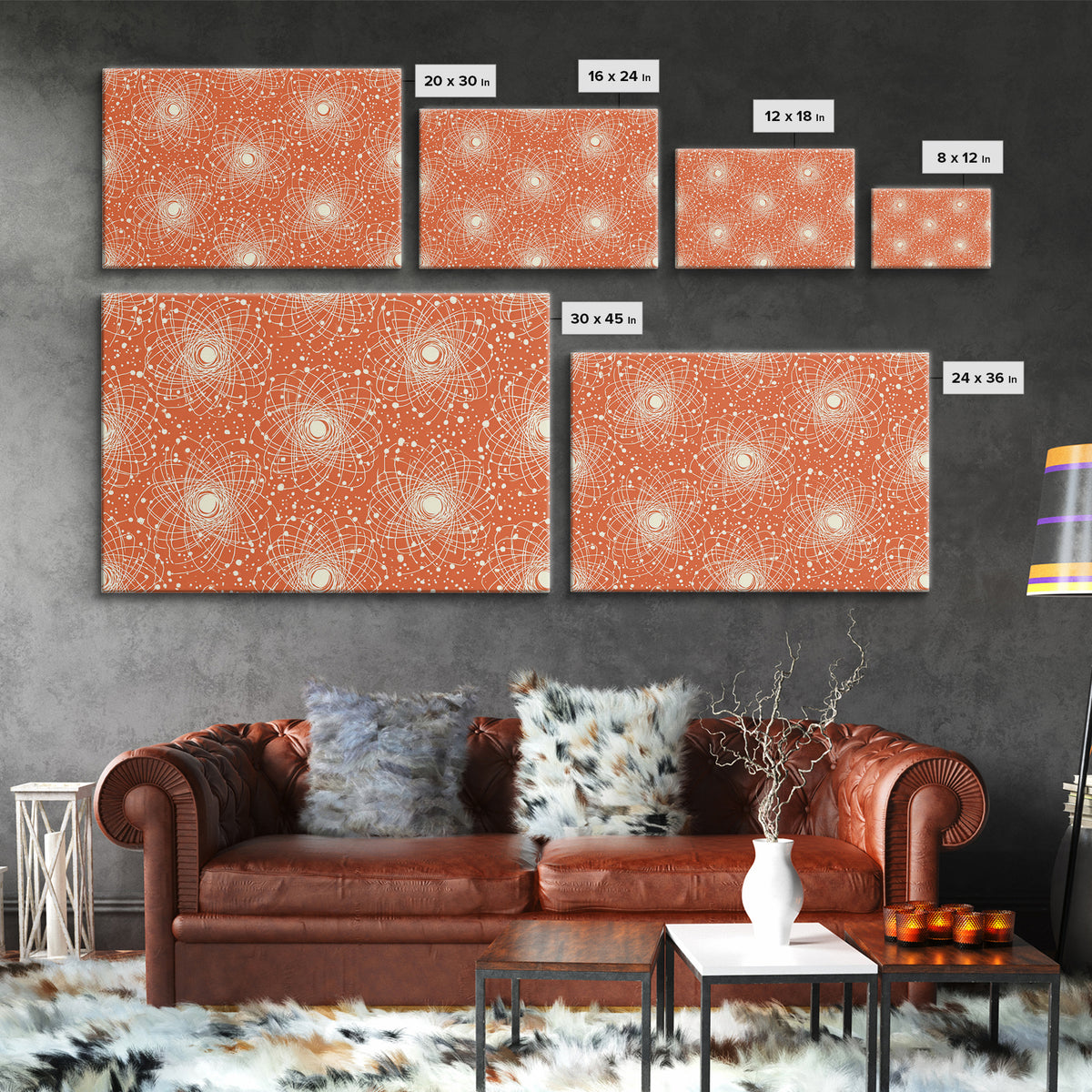 Orange White Atomic Orbit Pattern Canvas Print, Mid Century Modern Decor, Retro Science Poster, Geometric Wall Art, MCM Home Decor