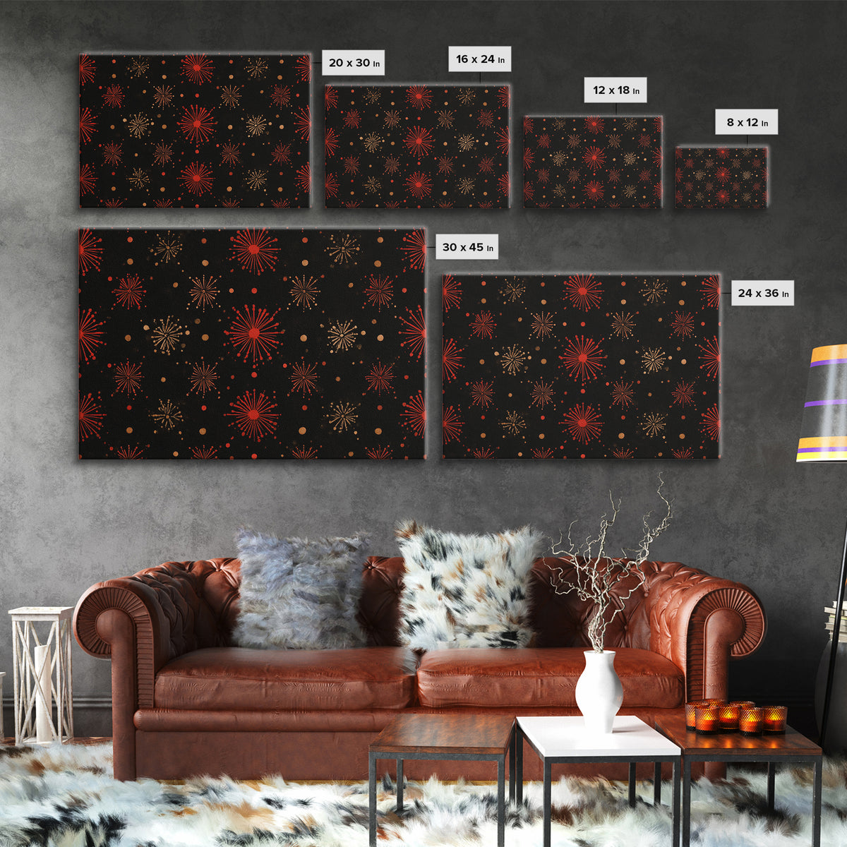 Red Gold Atomic Starburst Pattern Wall Art, Mid Century Modern Decor, Retro 1950s Poster, Black Wall Decor, MCM Geometric Art Print