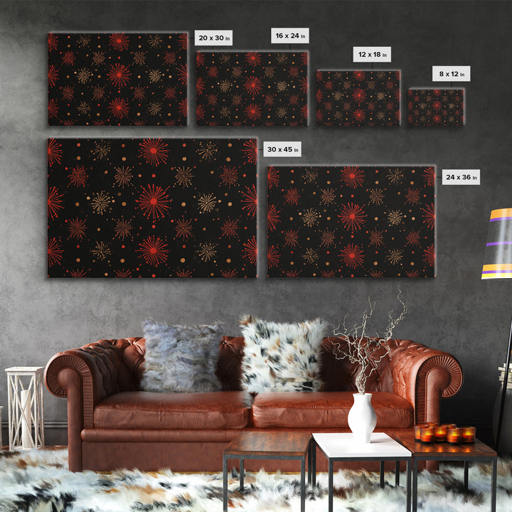 Red Gold Atomic Starburst Pattern Wall Art, Mid Century Modern Decor, Retro 1950s Poster, Black Wall Decor, MCM Geometric Art Print