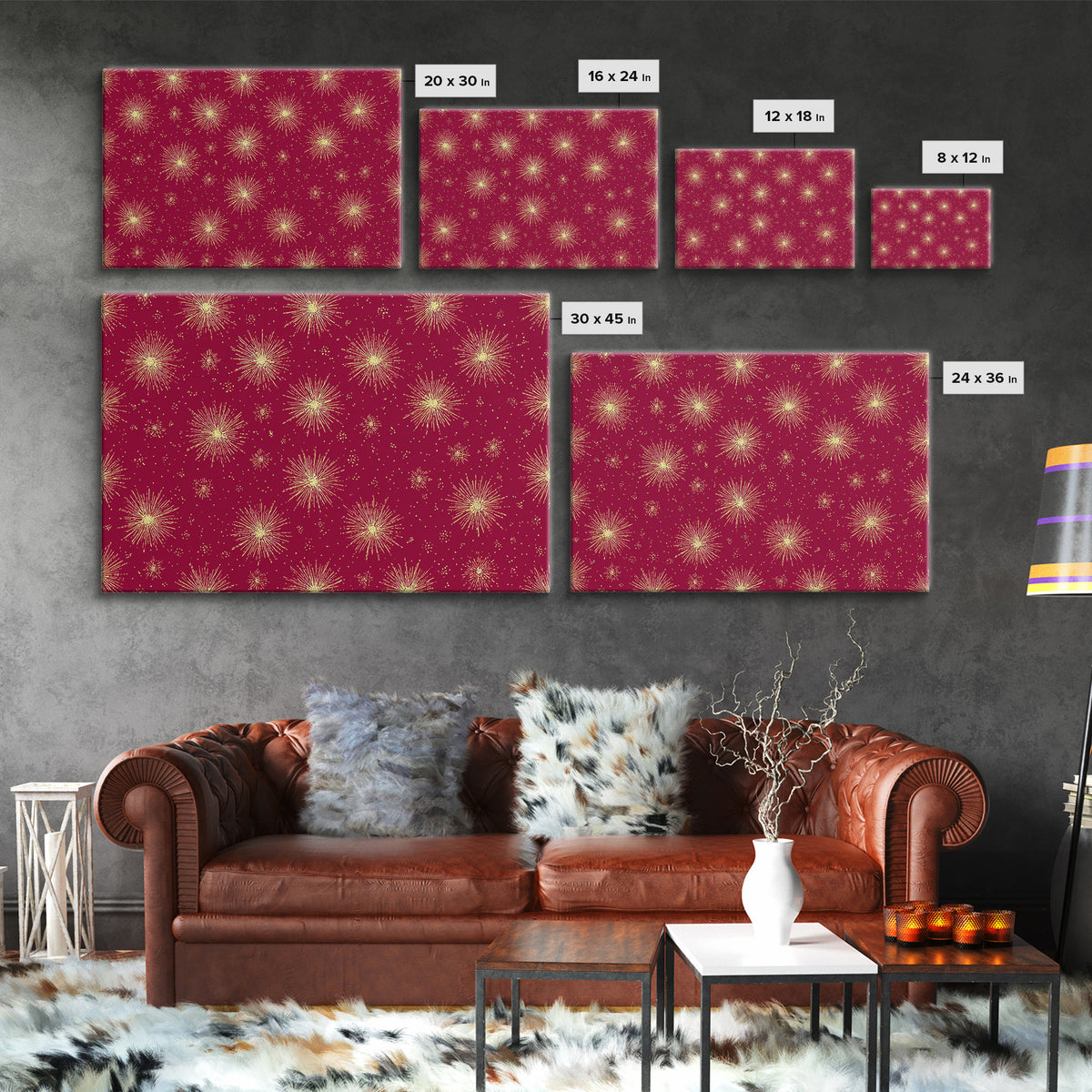 Burgundy Gold Starburst Pattern Wall Art, Mid Century Modern Decor, Retro Atomic Poster, Red Wall Decor, MCM Geometric Art Print