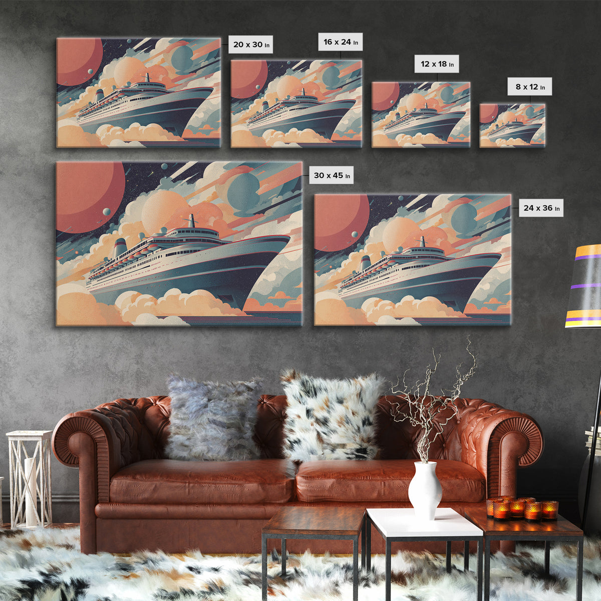 Space Cruise Ship With Planets Wall Art, Retro Sci Fi Poster, Mid Century Modern Decor, Celestial Travel Print, Cosmic Art