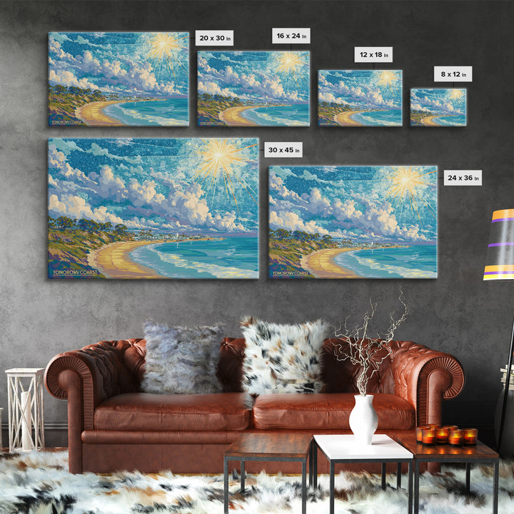 Sunny California Coast Beach Wall Art, Ocean Landscape Poster, Blue Modern Home Decor, Travel Inspired Framed Canvas Print