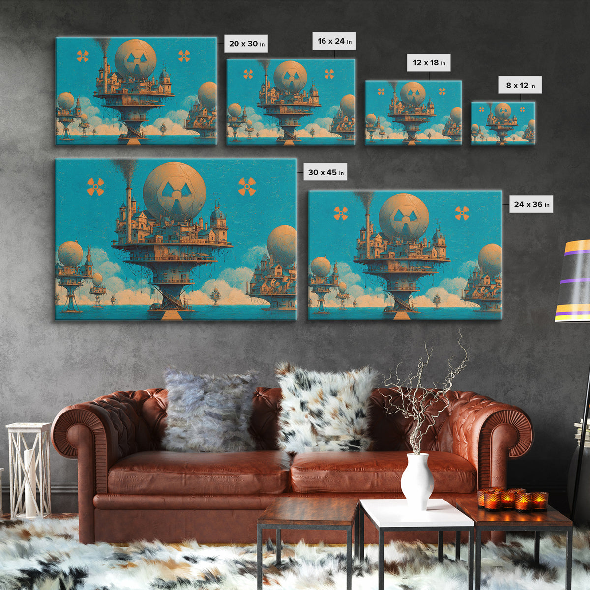 Floating Nuclear City Wall Art, Retro Sci Fi Poster, Industrial Dystopian Decor, Teal Orange Canvas Print, Statement Art