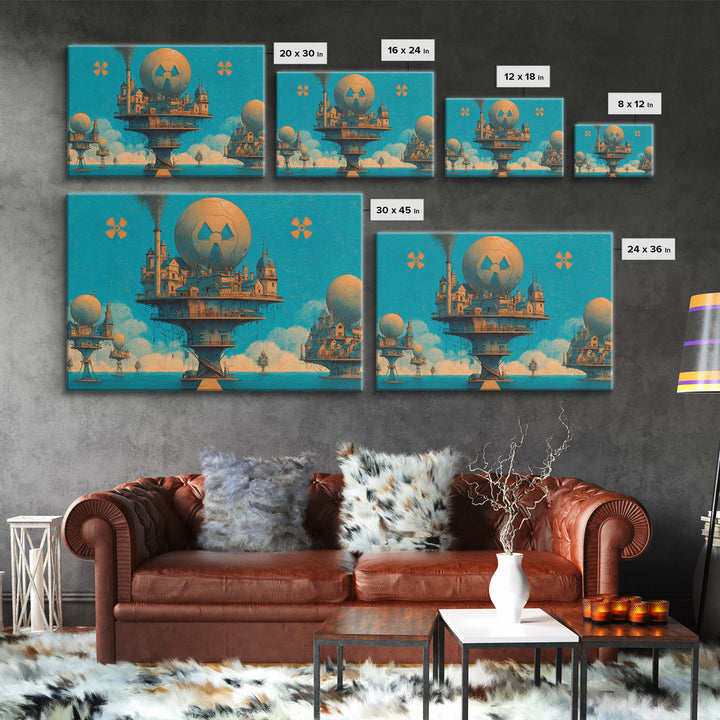 Floating Nuclear City Wall Art, Retro Sci Fi Poster, Industrial Dystopian Decor, Teal Orange Canvas Print, Statement Art