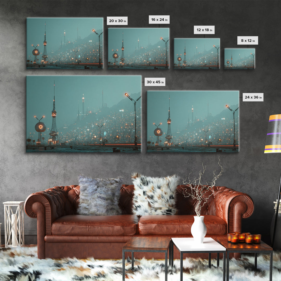 Foggy Futuristic Teal City Towers Wall Art, Midcentury Modern Sci Fi Skyline, Retro Urban Poster, MCM Office Decor, Modern Wall Decor