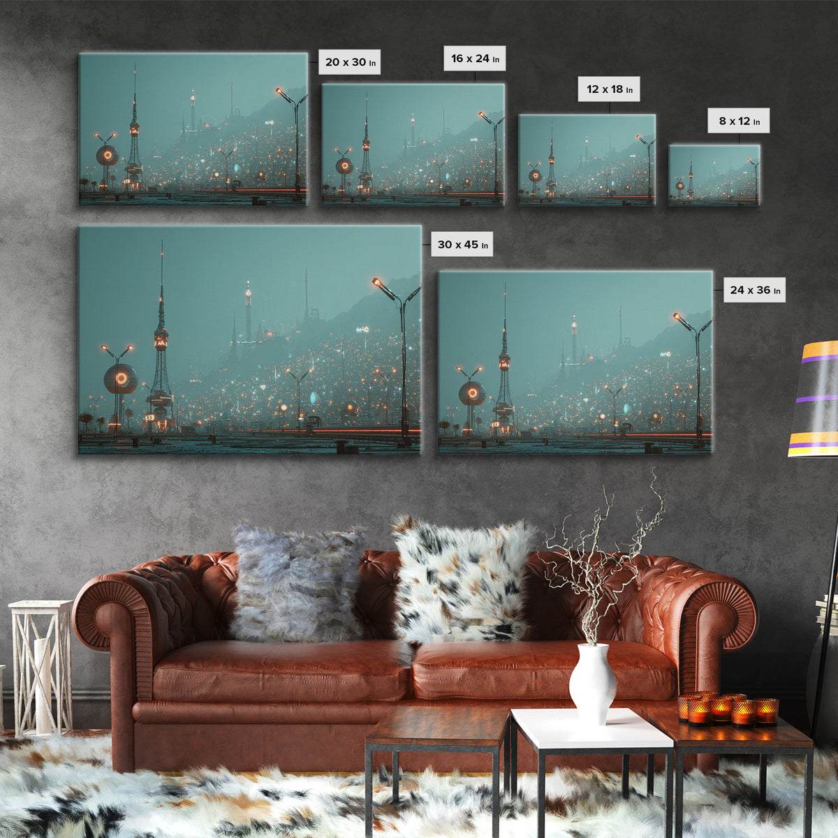 Foggy Futuristic Teal City Towers Wall Art, Midcentury Modern Sci Fi Skyline, Retro Urban Poster, MCM Office Decor, Modern Wall Decor