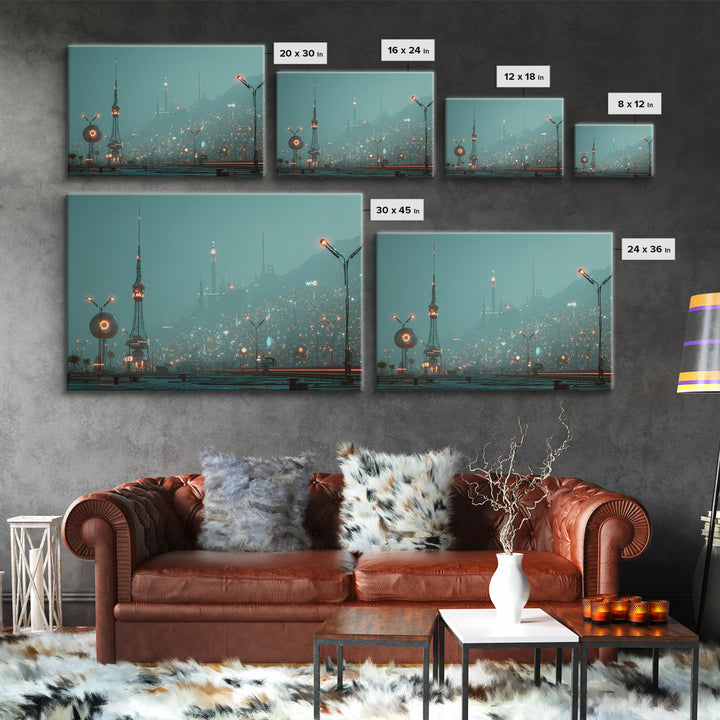 Foggy Futuristic Teal City Towers Wall Art, Midcentury Modern Sci Fi Skyline, Retro Urban Poster, MCM Office Decor, Modern Wall Decor