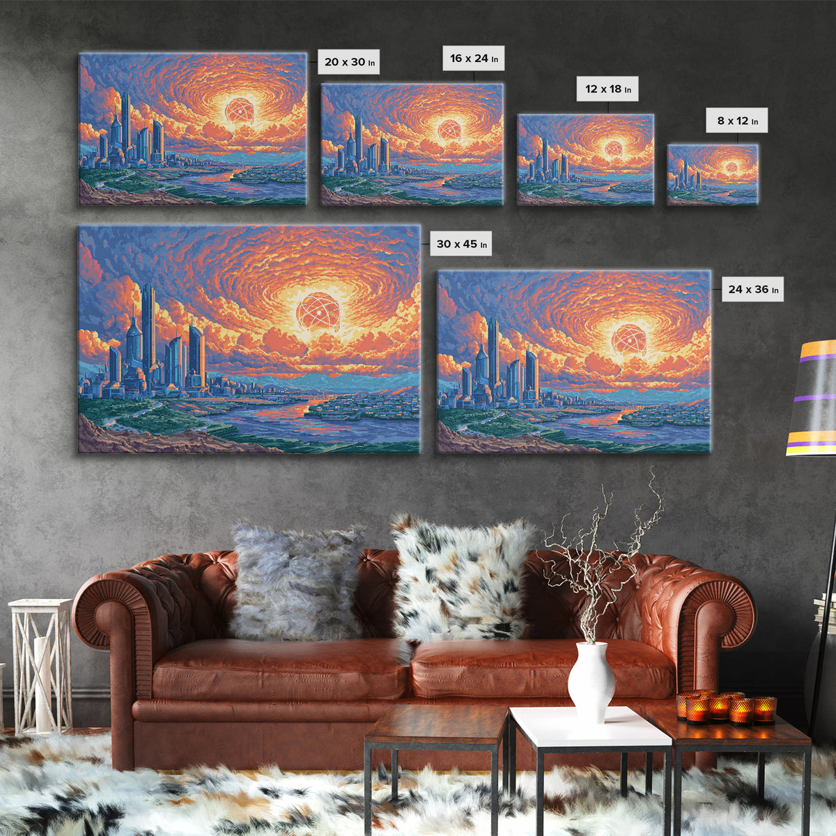 Atomic Sunset Futuristic City Canvas Print, Midcentury Modern Wall Art, Retro Sci Fi Skyline Poster, Colorful MCM Decor