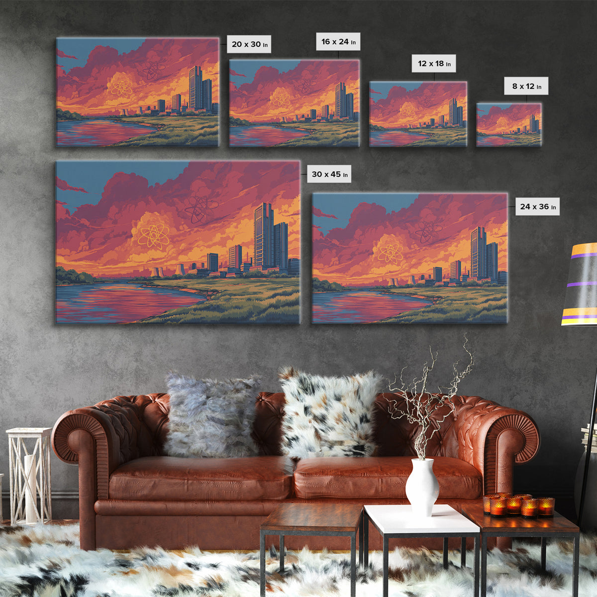 Red Cloud Atomic Waterfront Skyline Wall Art, Midcentury Modern Canvas Print, Retro Sci Fi Sunset Poster, Colorful Home Decor