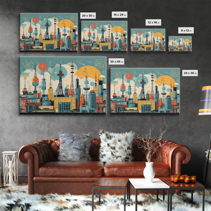 Retro Radio Tower City Collage Wall Art, Midcentury Modern Print, Atomic Skyline Poster, Geometric Urban Home Decor, MCM Office Decor