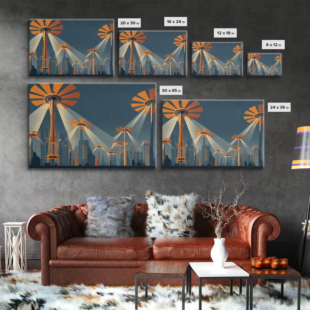 UFO Searchlight Future City Wall Art, Midcentury Modern Sci Fi Poster, Retro Space Needle Skyline, Orange MCM Decor, Modern Wall Decor
